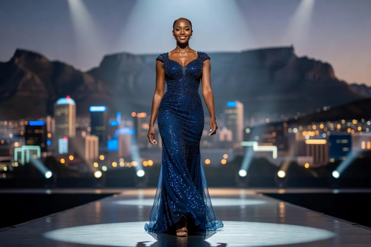 Candidate sud-africaine en robe de soirée sur un podium de concours de beauté