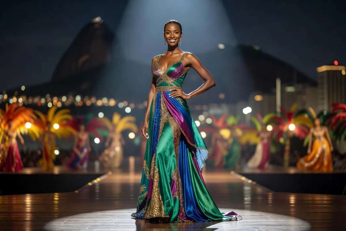 Candidate afro-brésilienne en robe colorée sur un podium de concours