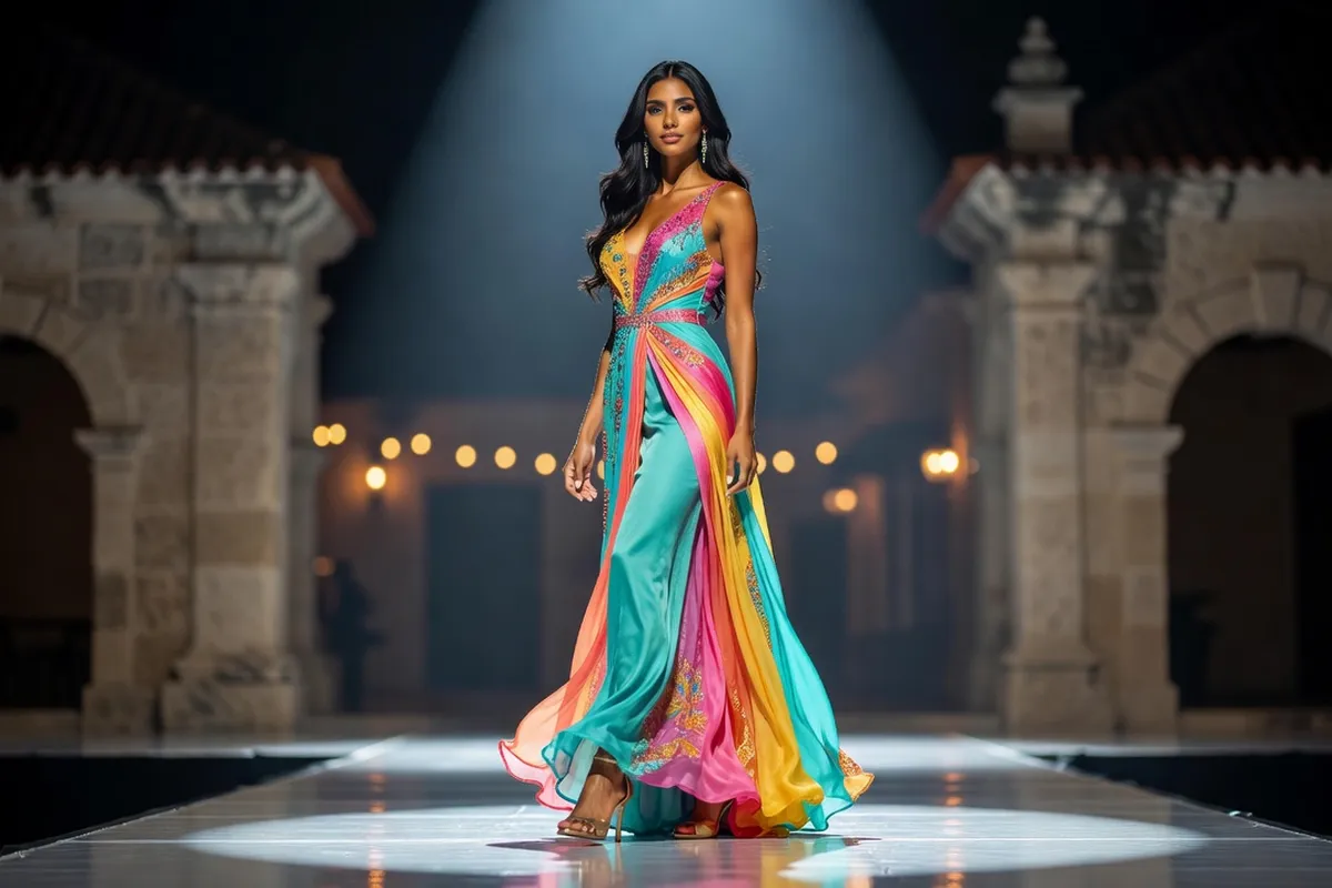 Candidate colombienne en robe tropicale défilant à Carthagène