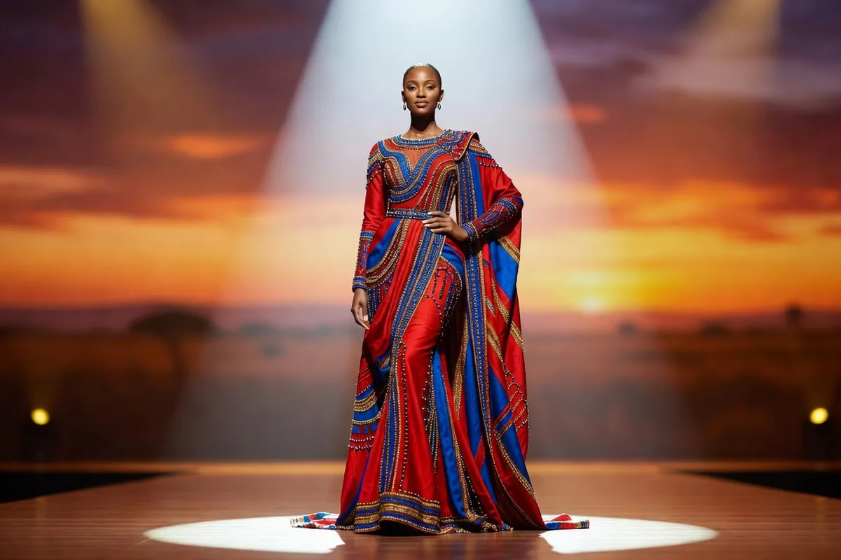 Candidate est-africaine en robe inspirée des motifs traditionnels sur scène