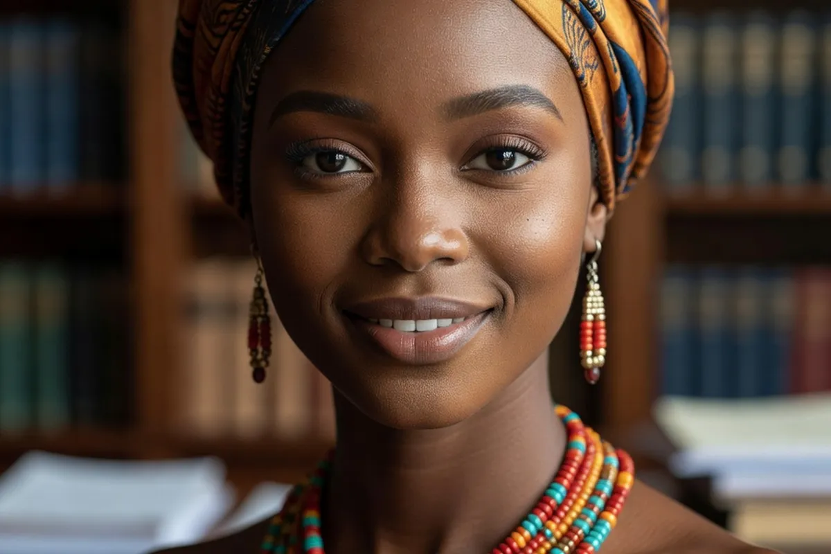 Portrait d'une femme ouest-africaine avec bijoux et coiffe traditionnels