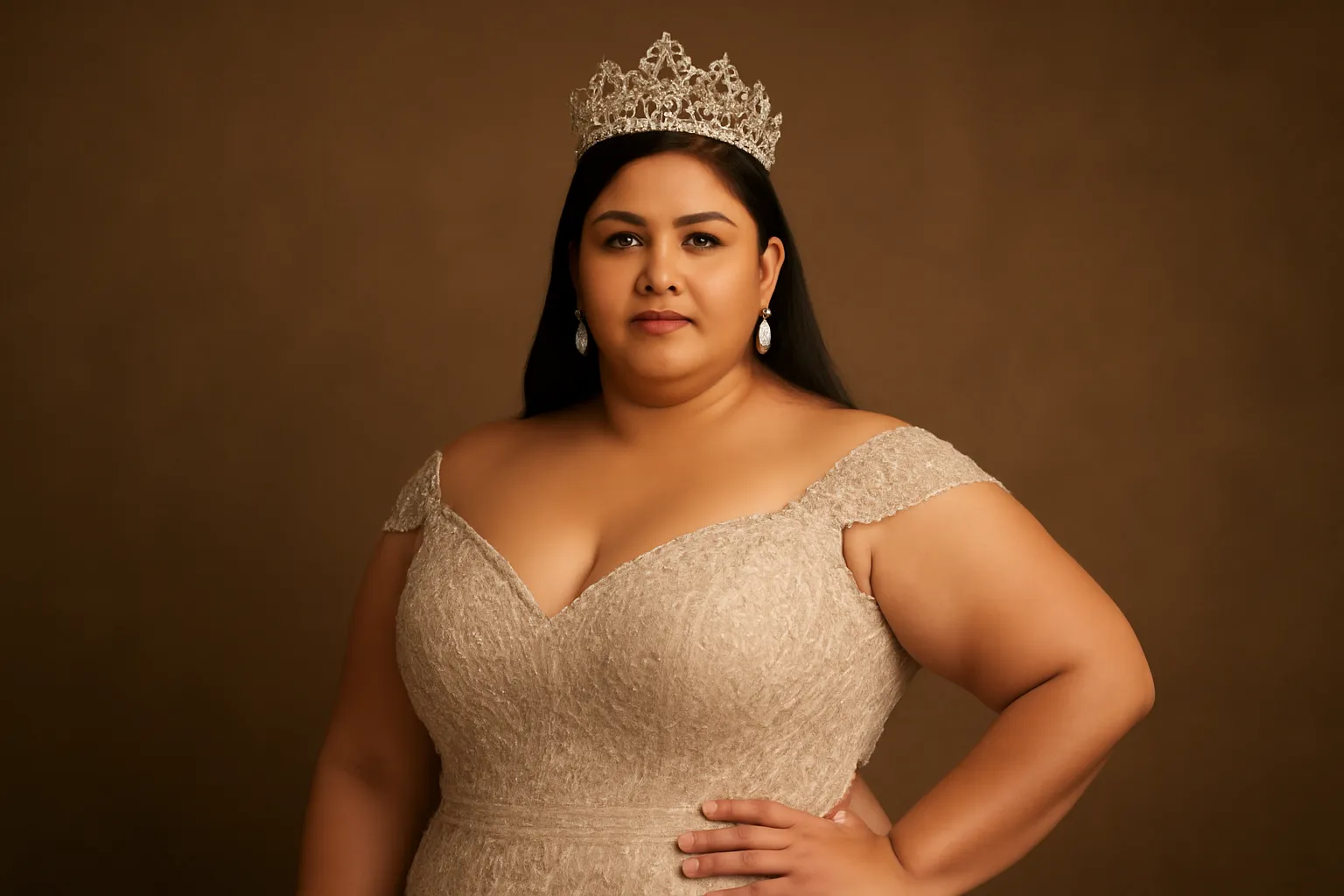 Candidate plus size portant une couronne et une robe de gala, posture confiante