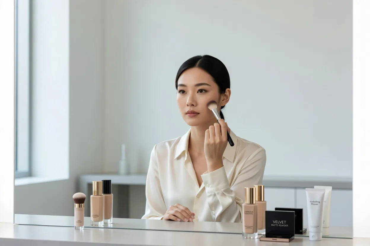 Jeune femme chinoise appliquant du maquillage devant un miroir dans un studio de beauté moderne