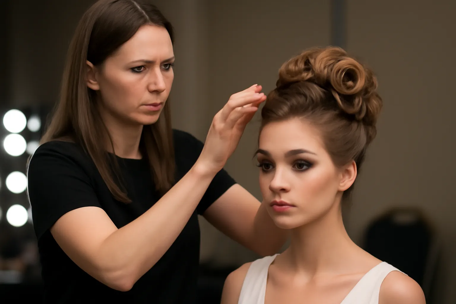Coiffeuse réalisant un chignon élaboré sur une candidate en coulisses