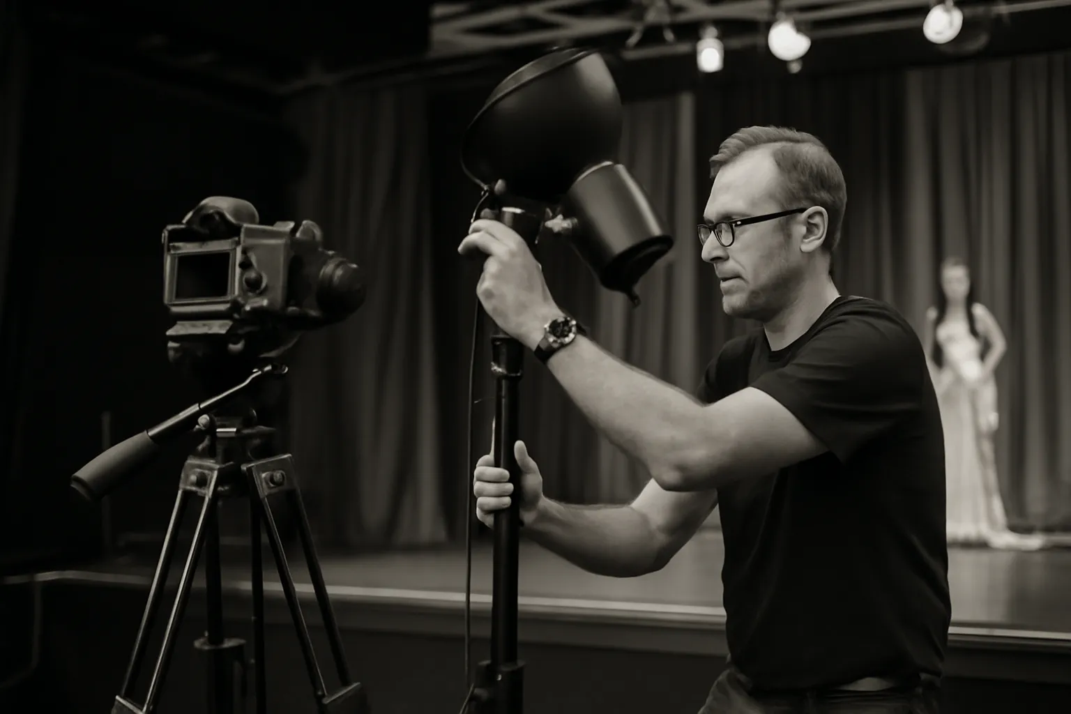 Photographe ajustant un projecteur studio face à une scène de concours de beauté