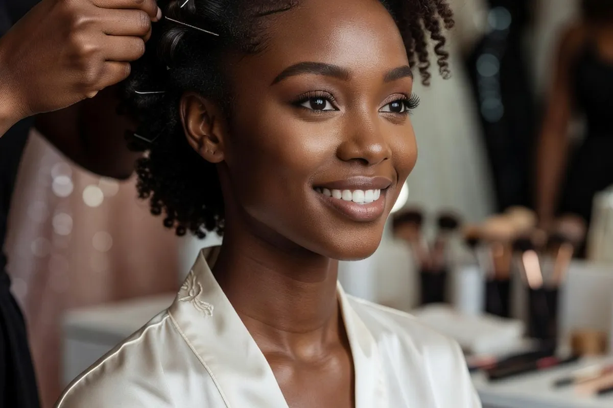 Candidate sud-africaine en preparation coiffure avant un gala de concours