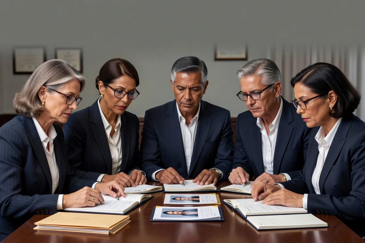 Panel de jury examinant des portfolios de candidates lors d'une session de sélection