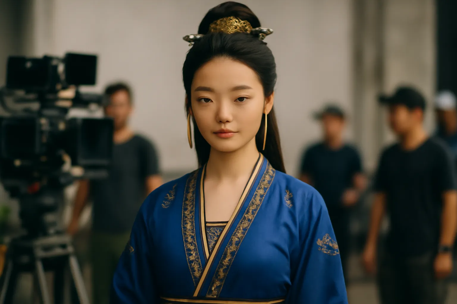 Jeune actrice chinoise en costume traditionnel sur un plateau de tournage entourée d'équipe technique