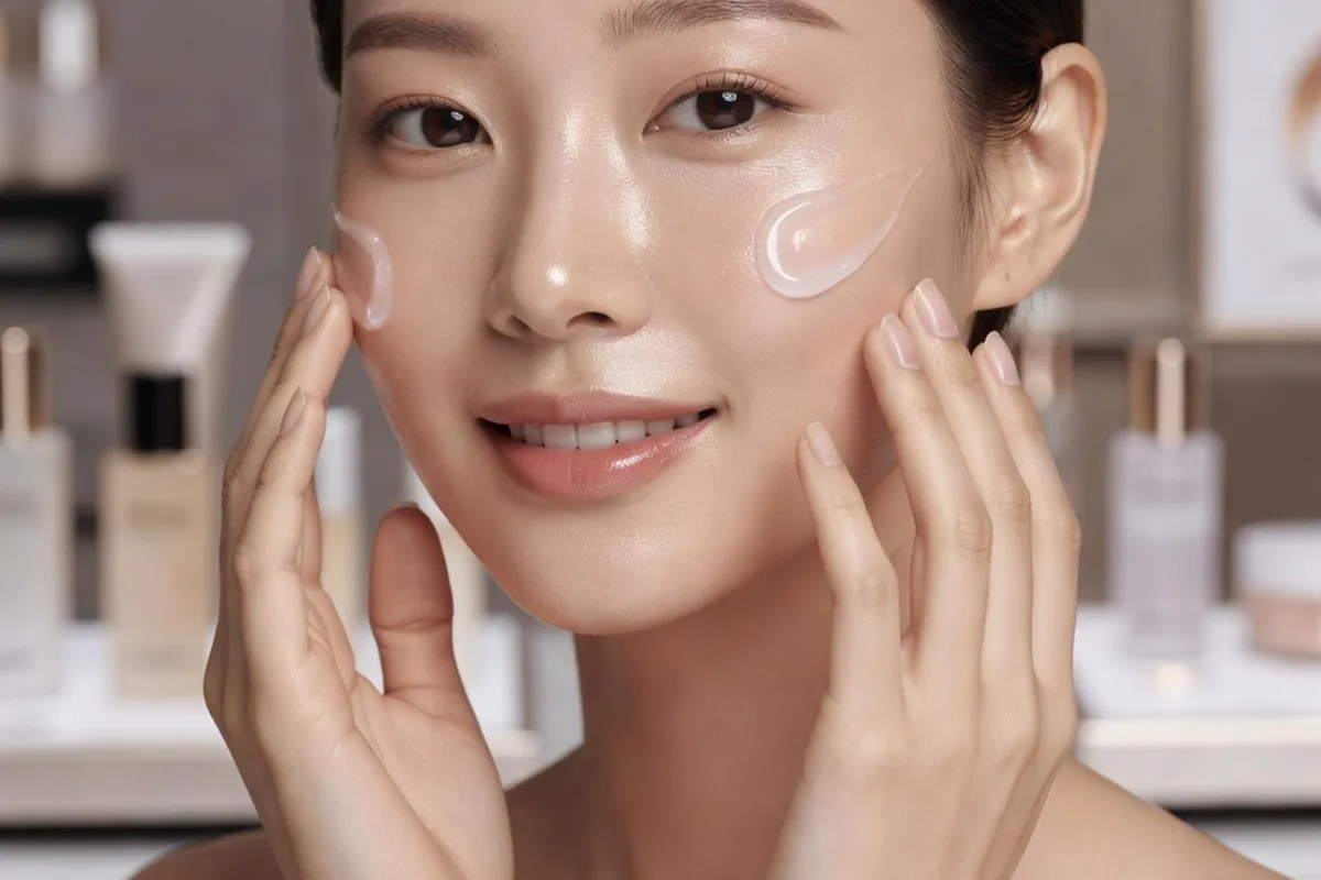 Application d'un soin de la peau glass-skin par une jeune femme coreenne