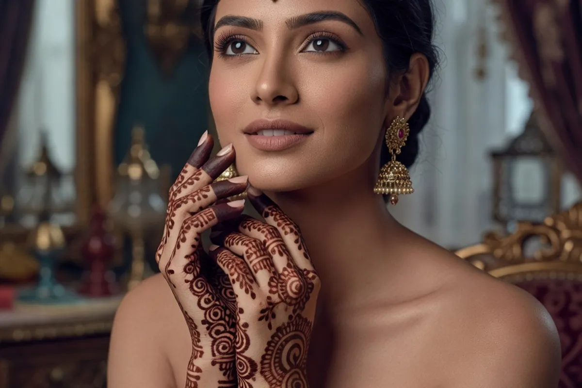 Detail de bijoux et henne sur les mains d'une candidate indienne