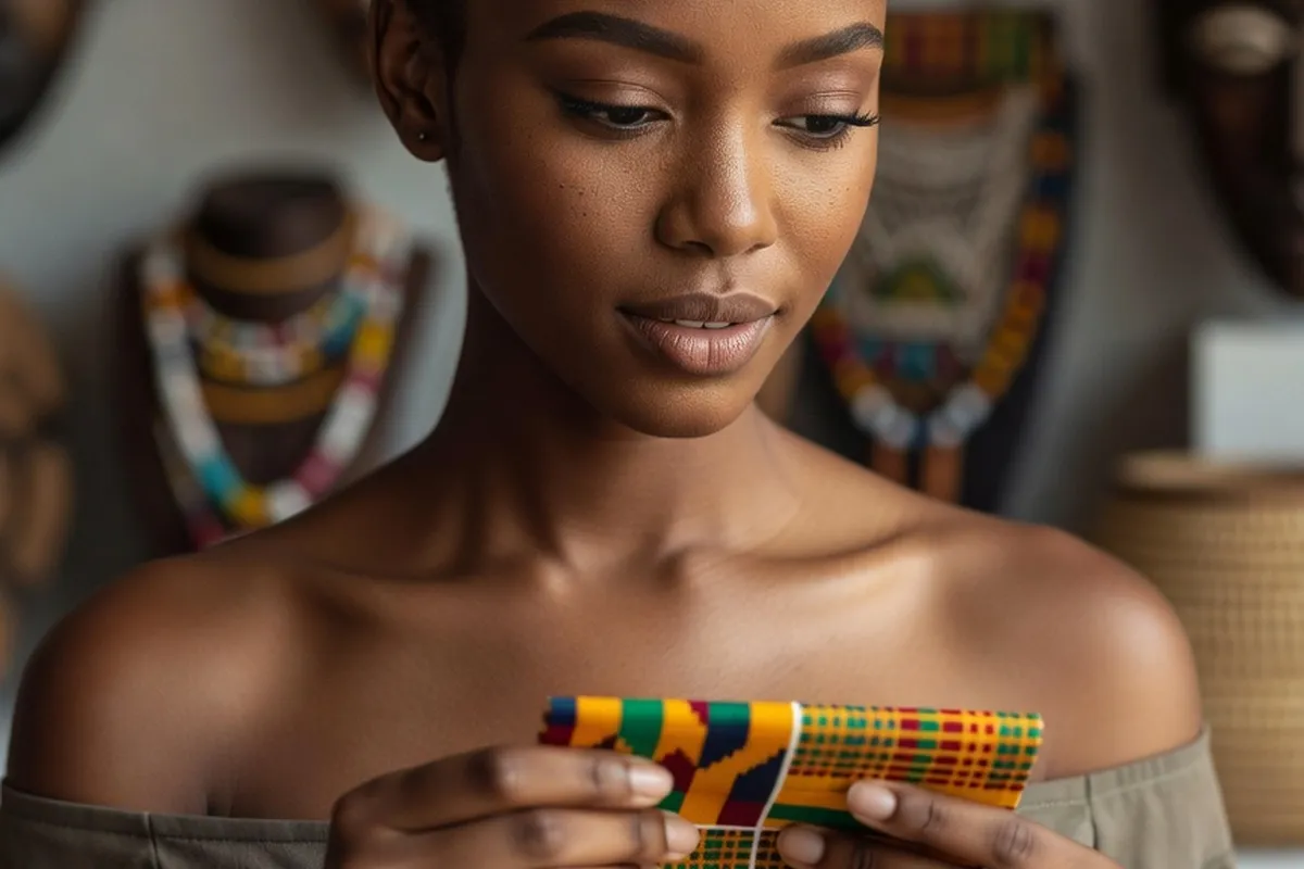 Femme ouest-africaine examinant des motifs textiles traditionnels