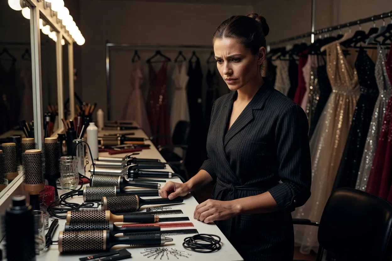 Coiffeuse préparant son poste de travail avec brosses, peignes et fers à coiffer en coulisses