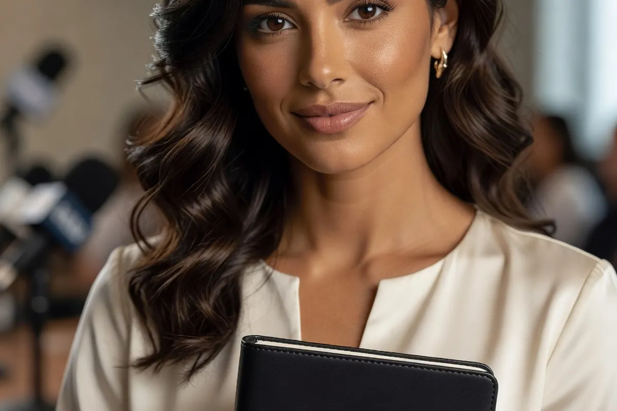 Journaliste latino-americaine avec un carnet de notes en conference de presse