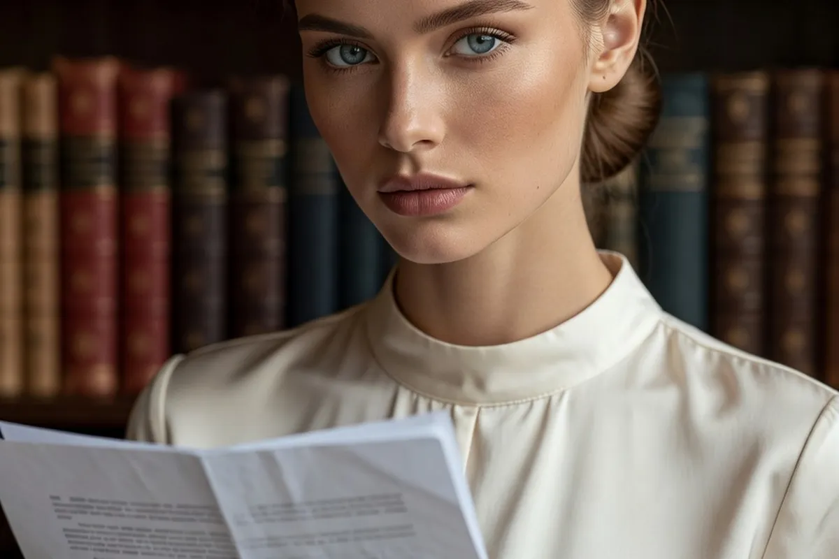 Sociologue est-europeenne lisant un document dans une bibliotheque