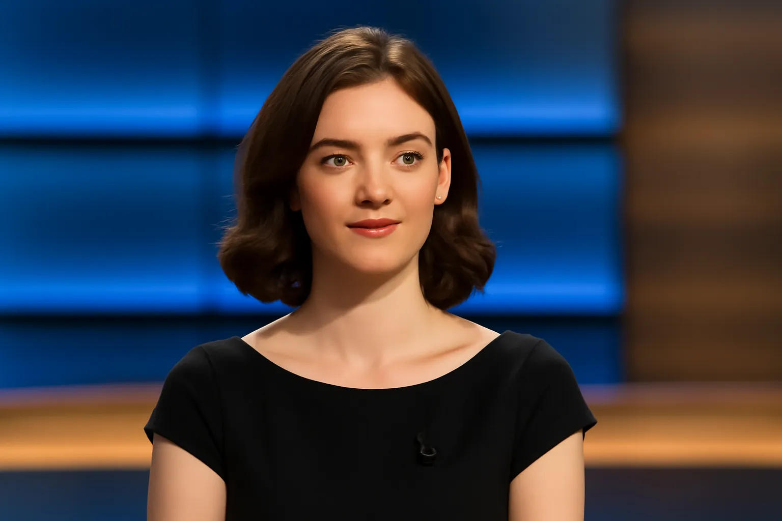 Jeune femme interviewée sur un plateau de télévision aux lumières bleutées