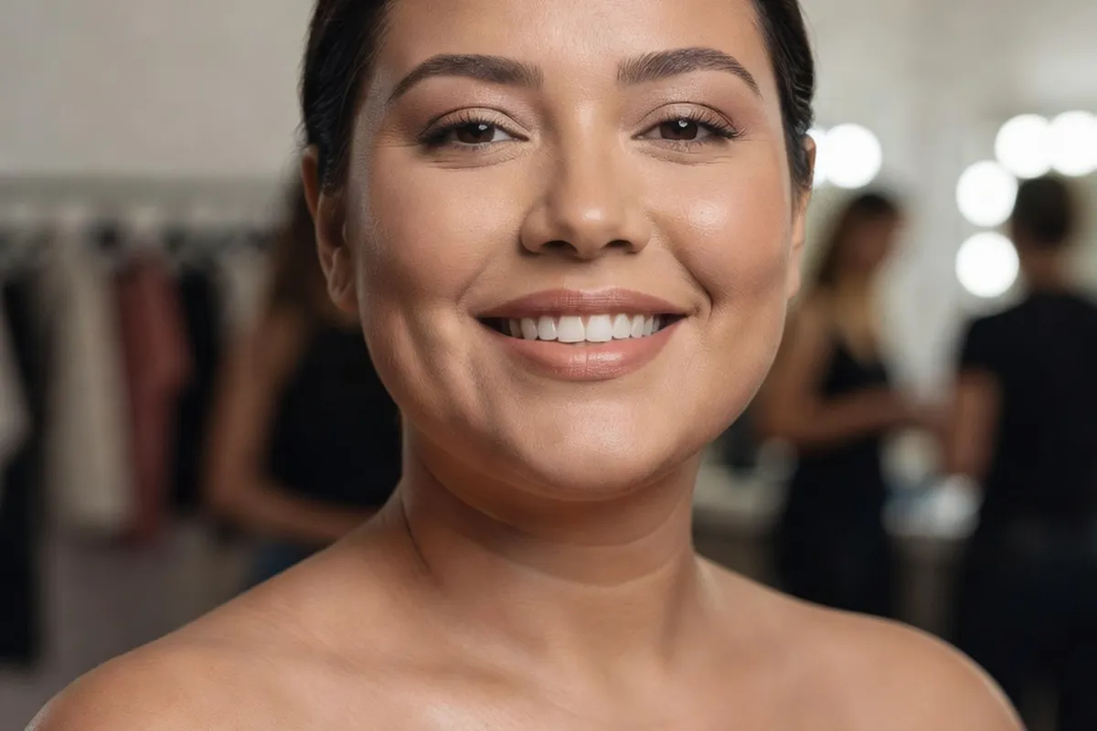 Portrait rapproche souriant d'une candidate en coulisses