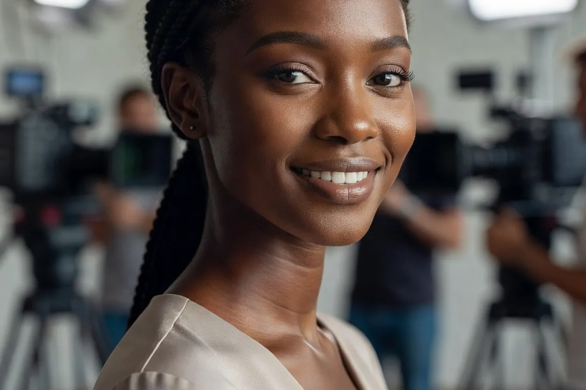 Candidate nigeriane souriante entre deux prises sur un plateau de tournage
