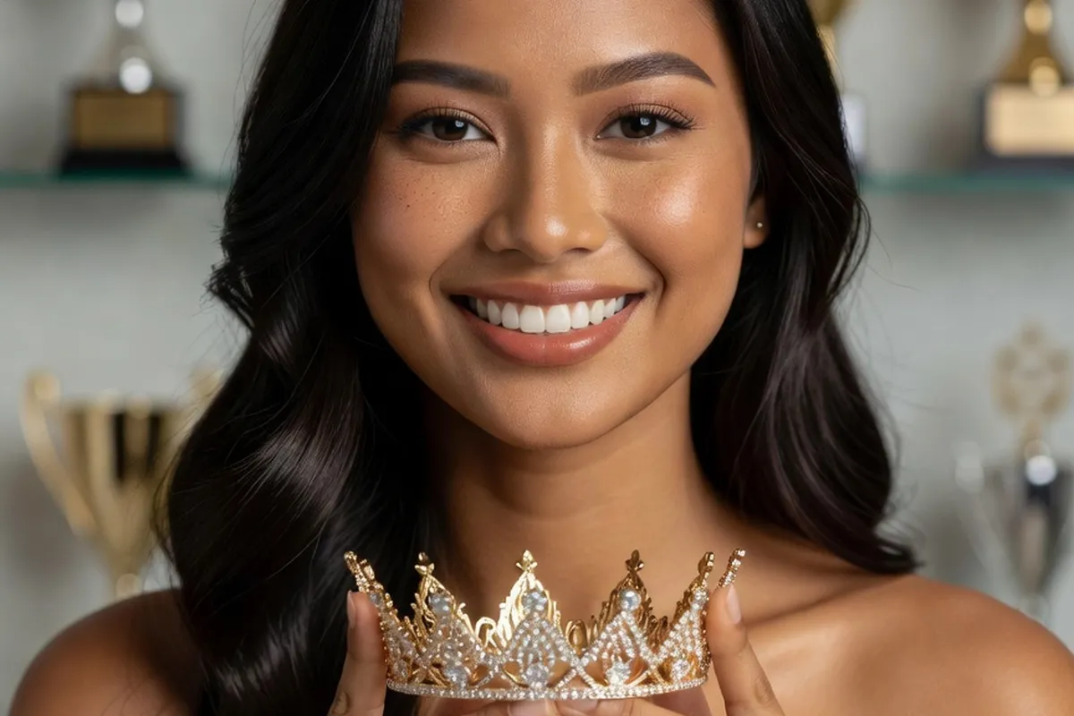 Portrait joyeux d'une candidate philippine tenant une petite couronne