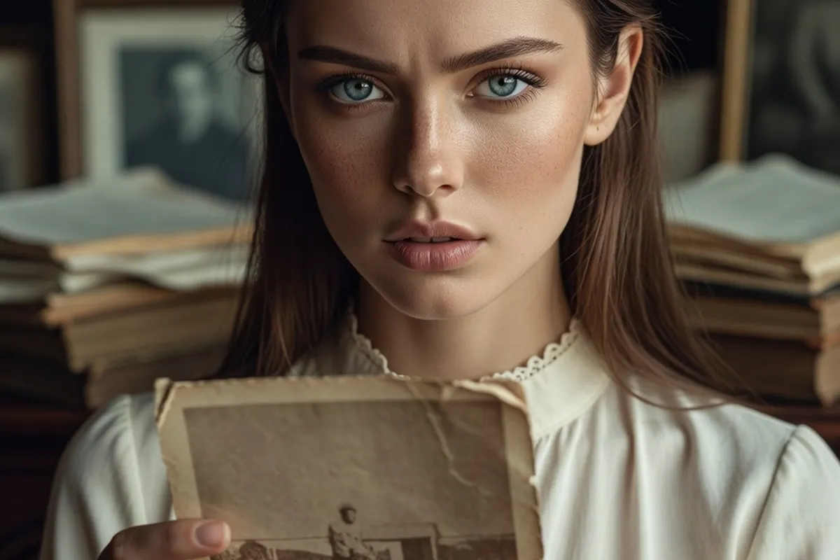 Portrait pensif d'une jeune femme polonaise consultant une photo ancienne