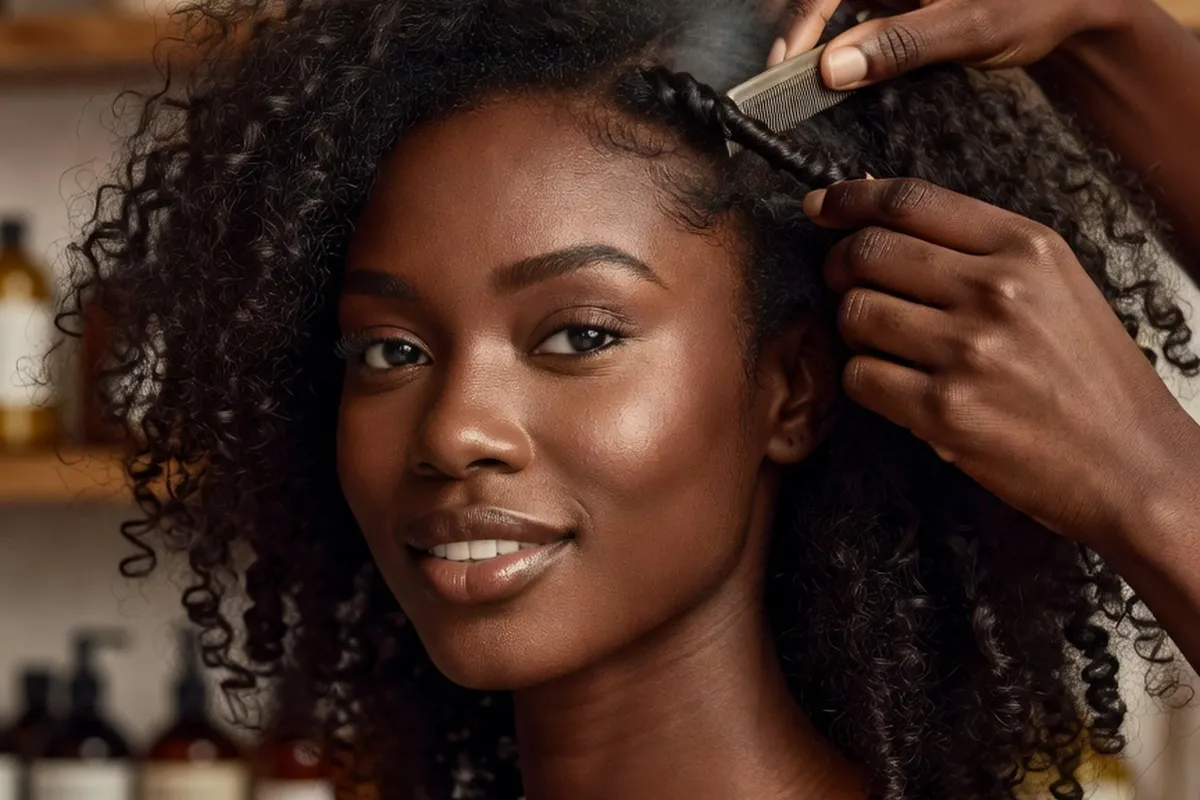 Coiffure de cheveux naturels africains en cours de realisation