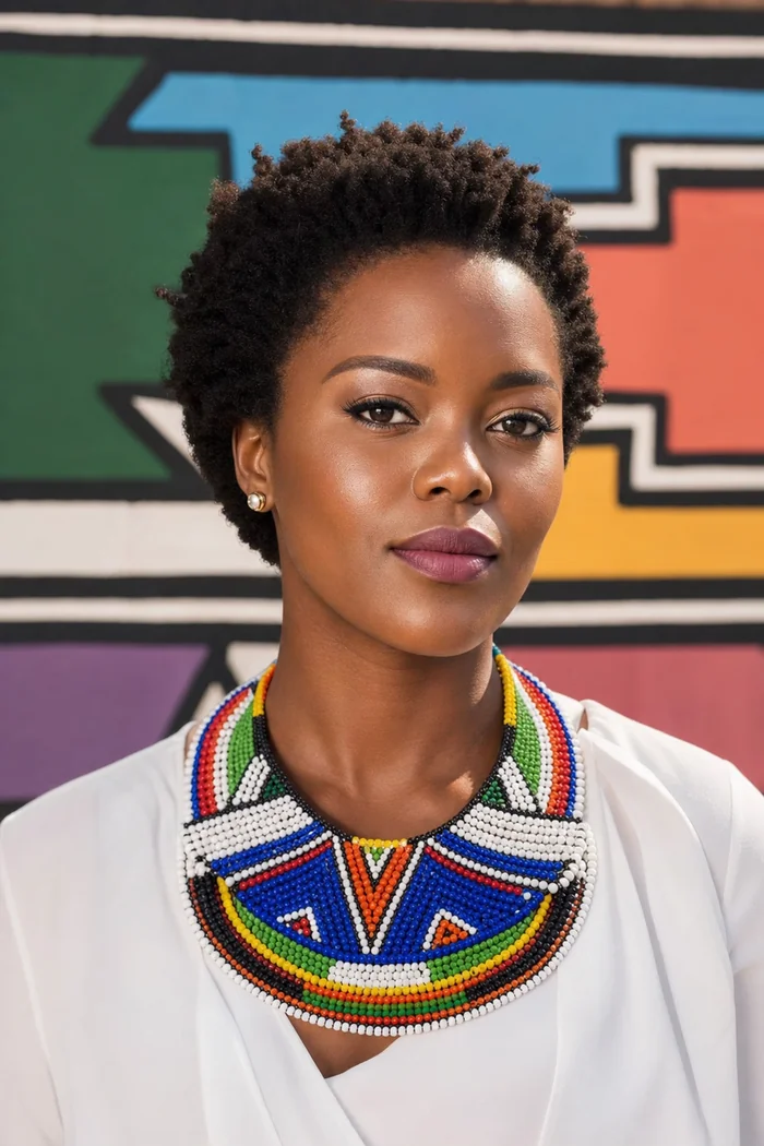 Portrait généré par IA d'une femme fictive aux cheveux afro courts, blouse blanche et collier ndebele multicolore devant un mur peint, ne représente pas une personne réelle