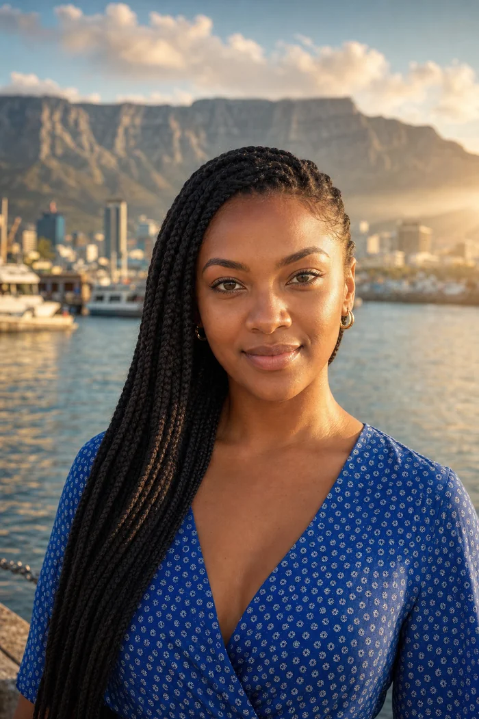 Portrait généré par IA d'une femme fictive aux longues box braids, robe shweshwe bleue et Table Mountain floutée au bord de l'eau, ne représente pas une personne réelle