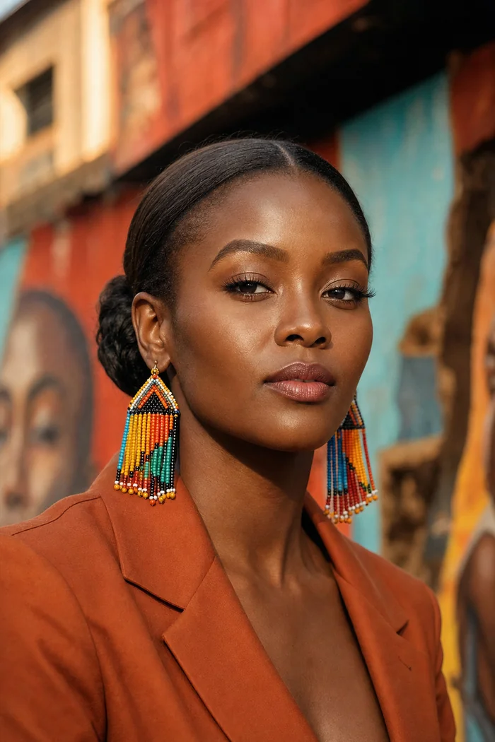 Portrait généré par IA d'une femme fictive au chignon bas, blazer terracotta et boucles perlées devant des couleurs de Soweto, ne représente pas une personne réelle