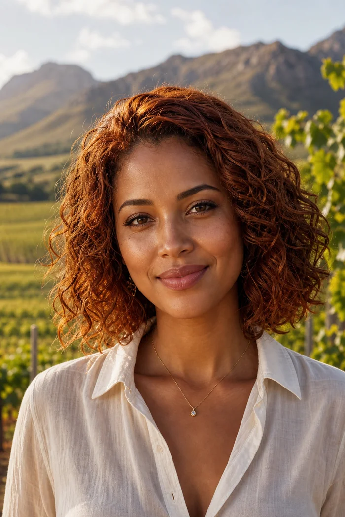 Portrait généré par IA d'une femme fictive aux boucles auburn, blouse en lin crème et vignoble du Cap en arrière-plan, ne représente pas une personne réelle