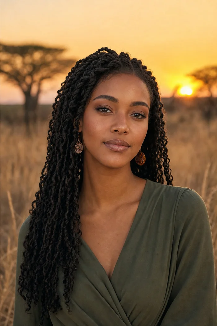 Portrait généré par IA d'une femme fictive aux longues twists, haut cache-coeur vert olive et veld doré du Kruger au coucher du soleil, ne représente pas une personne réelle