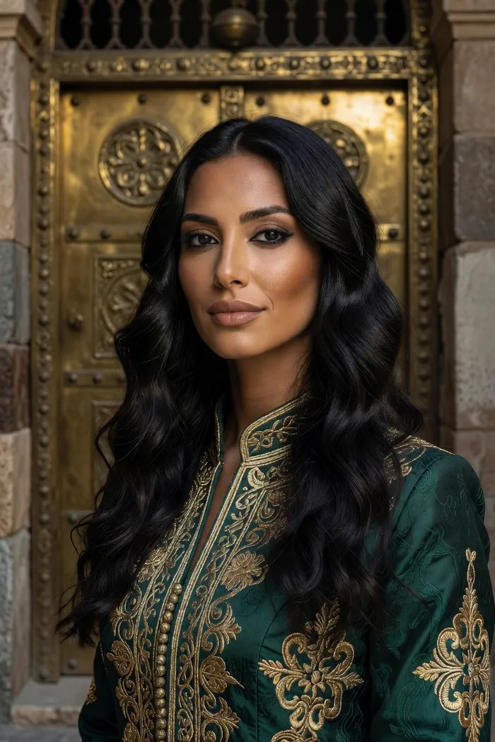 Portrait généré par IA d'une femme fictive aux longs cheveux noirs ondulés, veste karakou verte brodée et porte dorée de la Casbah d'Alger, ne représente pas une personne réelle