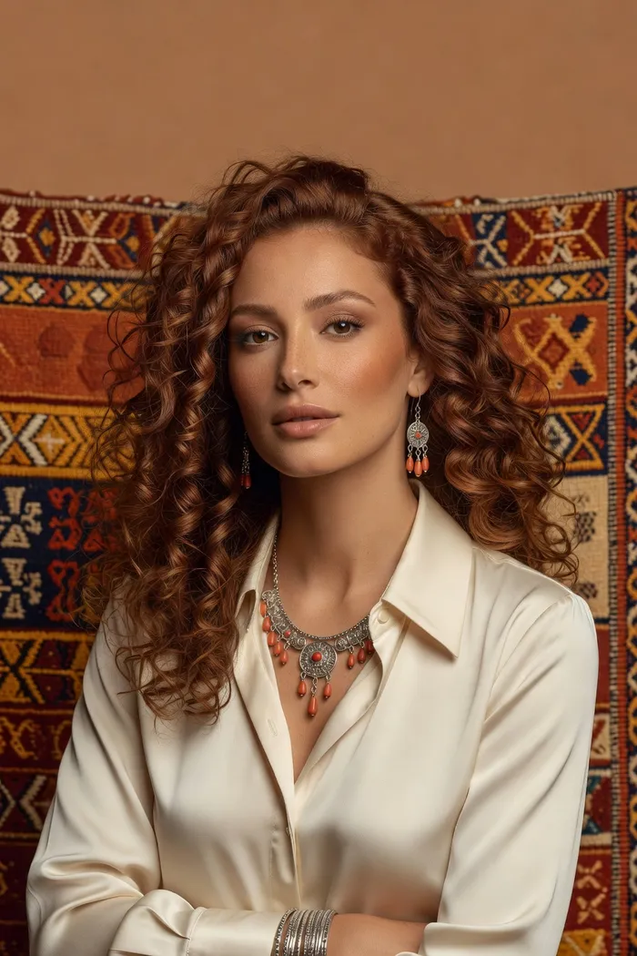 Portrait généré par IA d'une femme fictive aux boucles auburn, blouse crème et bijoux kabyles en argent et corail devant un textile berbère, ne représente pas une personne réelle