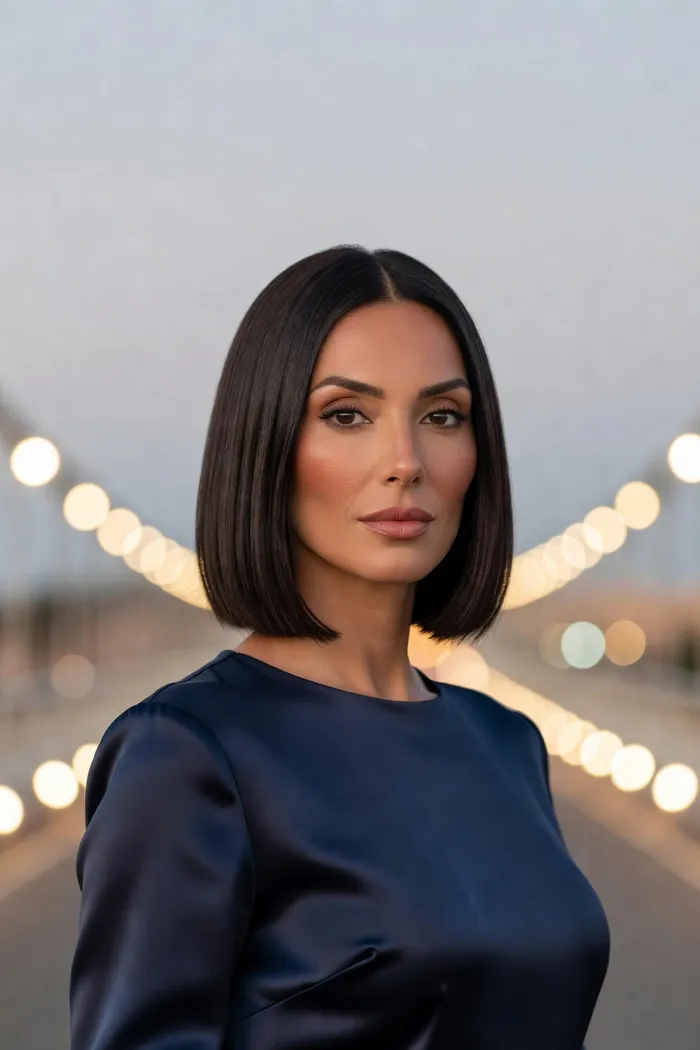 Portrait généré par IA d'une femme fictive au carré noir lisse, robe satin bleu nuit et lumières de ponts suspendus à Constantine, ne représente pas une personne réelle