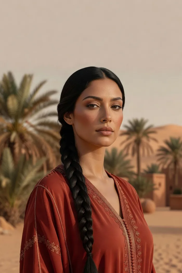 Portrait généré par IA d'une femme fictive aux longues tresses, caftan terracotta et décor d'oasis saharienne inspiré de Timimoun, ne représente pas une personne réelle