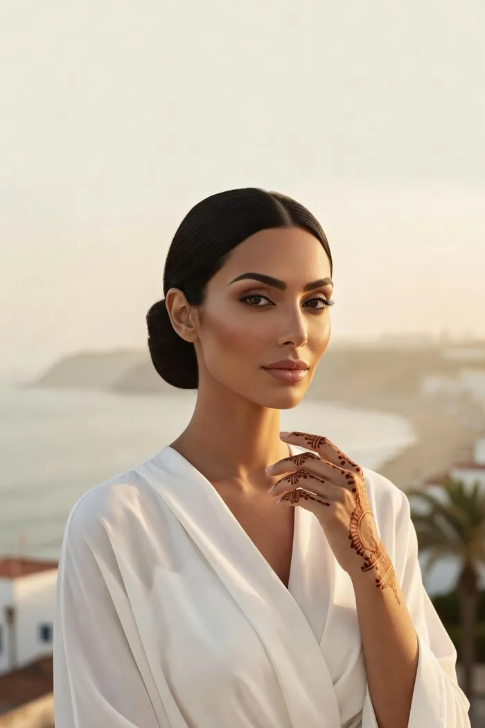 Portrait généré par IA d'une femme fictive aux cheveux noirs en chignon, drapé blanc inspiré du haïk et lumière côtière d'Oran, ne représente pas une personne réelle