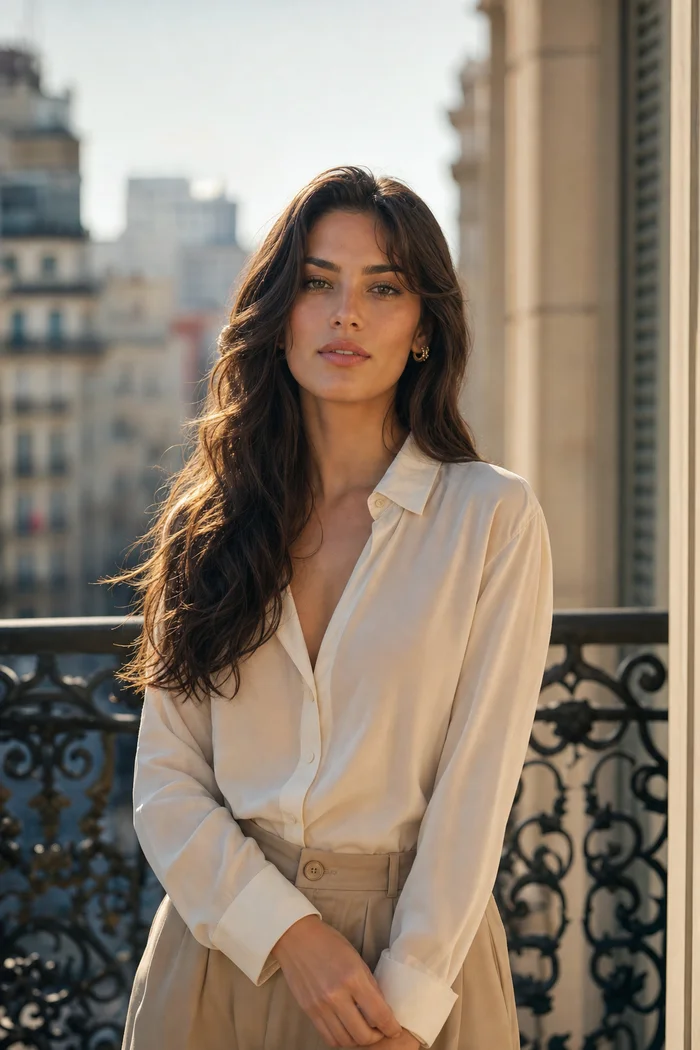 Portrait IA d'une femme fictive aux longs cheveux chocolat, blouse ivoire et balcon en ferronnerie