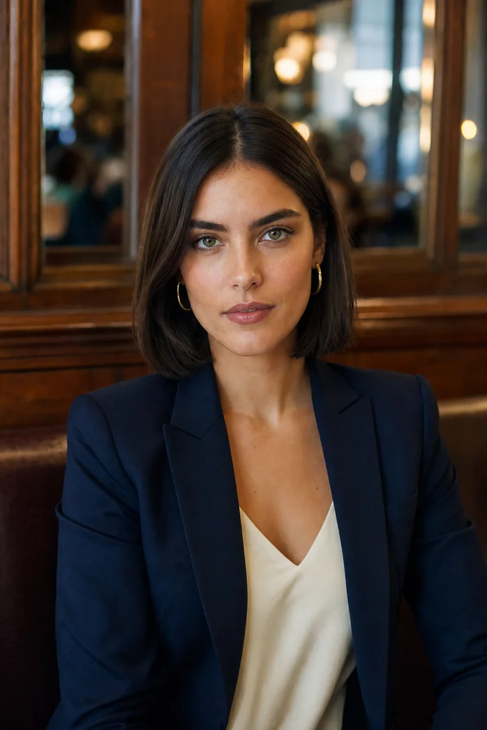 Portrait IA d'une femme fictive au carré brun, blazer bleu nuit et café aux boiseries chaudes