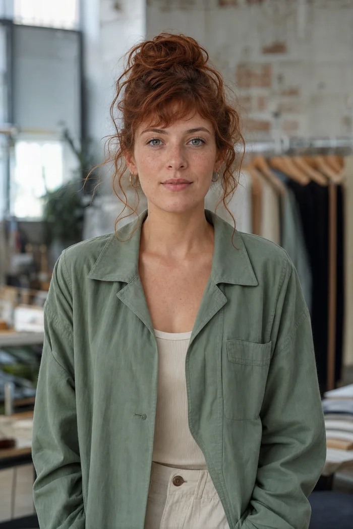 Portrait IA d'une femme fictive rousse aux taches de rousseur, chignon souple et veste vert sauge