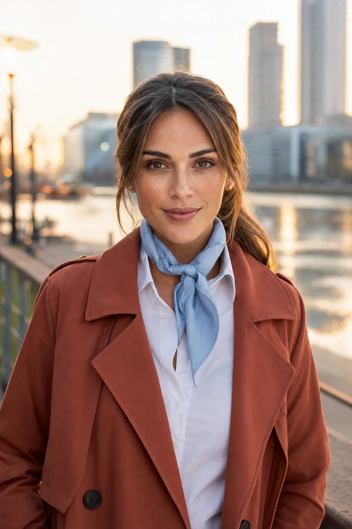 Portrait IA d'une femme fictive en trench terracotta et foulard bleu ciel devant Puerto Madero
