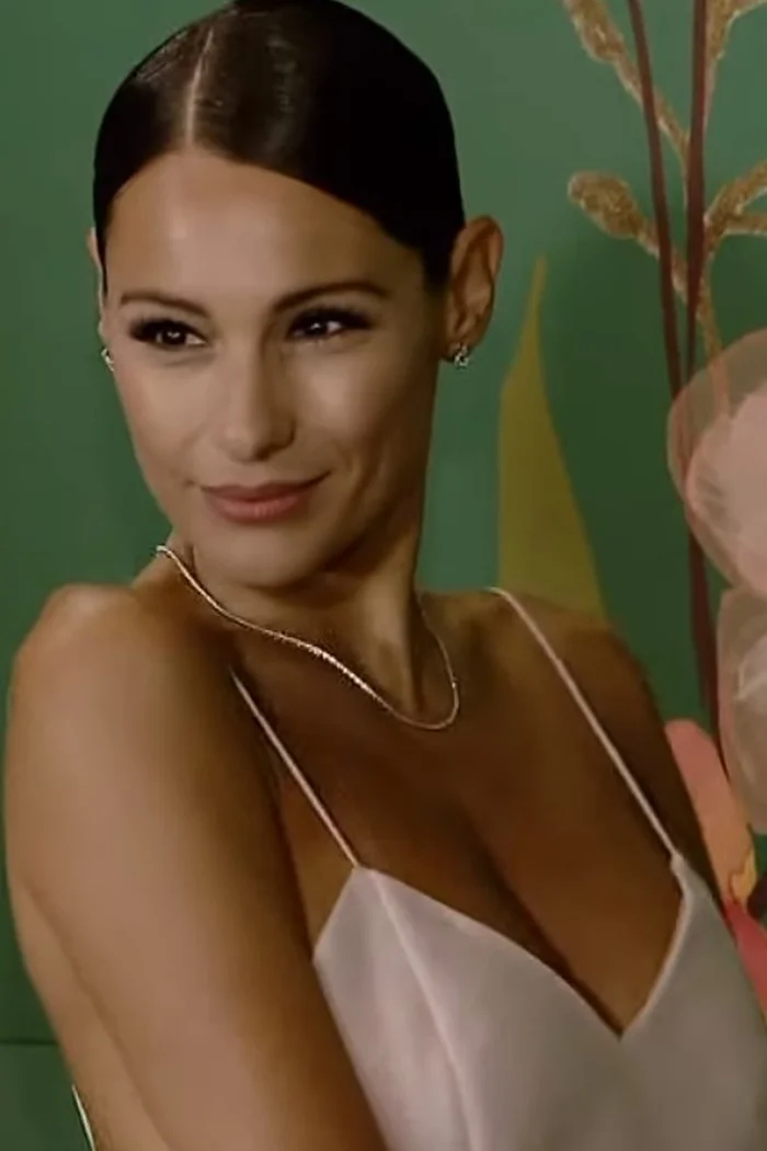 Pampita en portrait rapproché, cheveux bruns tirés en arrière et robe claire