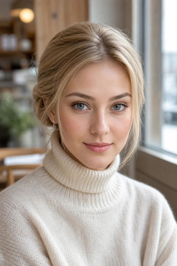 Portrait généré par IA d'une femme blonde en col roulé crème dans un café lumineux de Minsk, ne représente pas une personne réelle