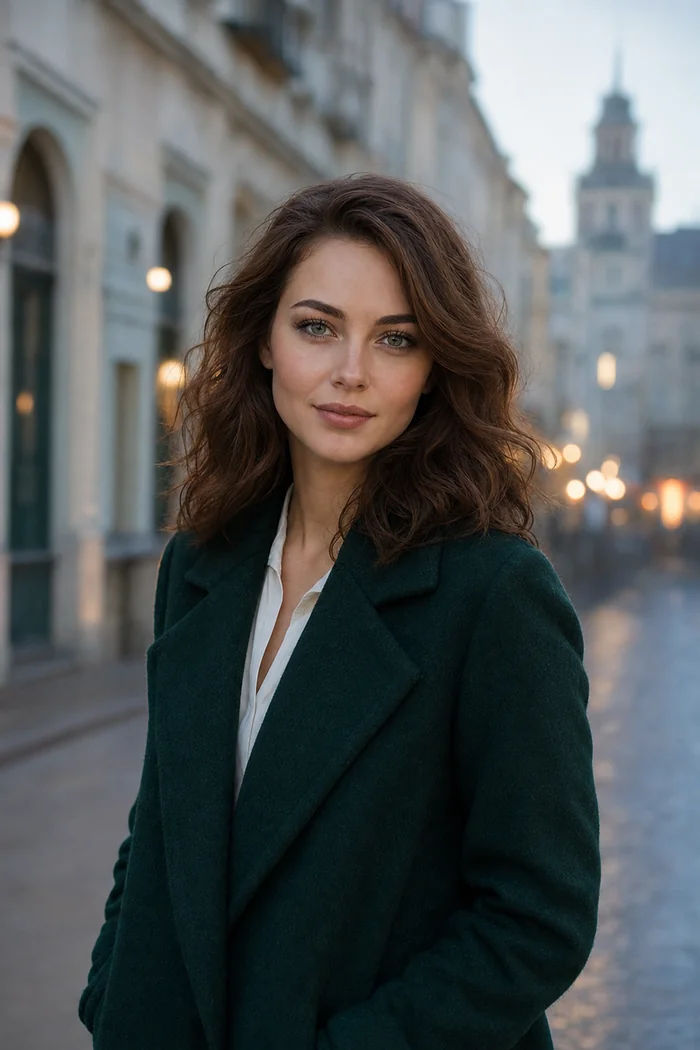 Portrait généré par IA d'une femme brune en manteau vert sombre dans une rue ancienne de Minsk, ne représente pas une personne réelle