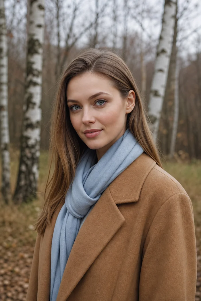 Portrait généré par IA d'une femme aux cheveux blond foncé avec écharpe bleu pâle devant des bouleaux, ne représente pas une personne réelle