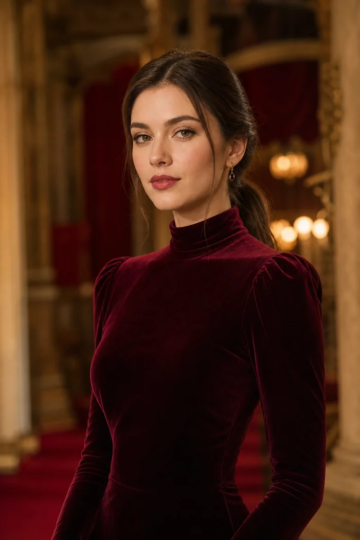 Portrait généré par IA d'une femme brune en robe bordeaux dans un foyer de théâtre, ne représente pas une personne réelle