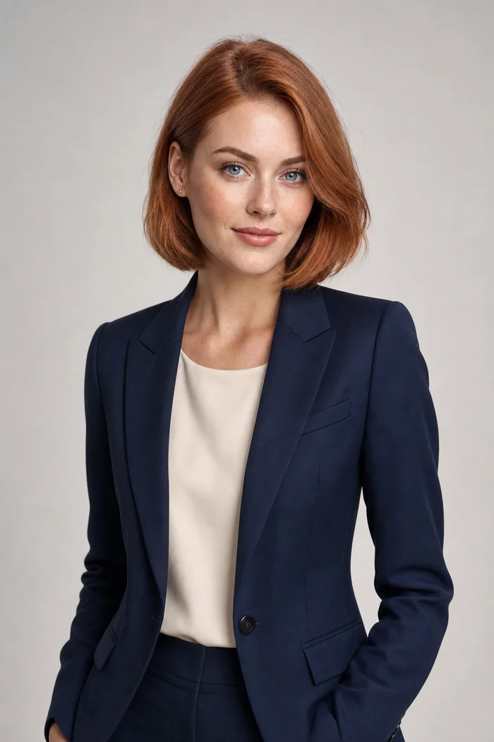 Portrait généré par IA d'une femme rousse au carré avec blazer bleu marine sur fond de studio gris, ne représente pas une personne réelle