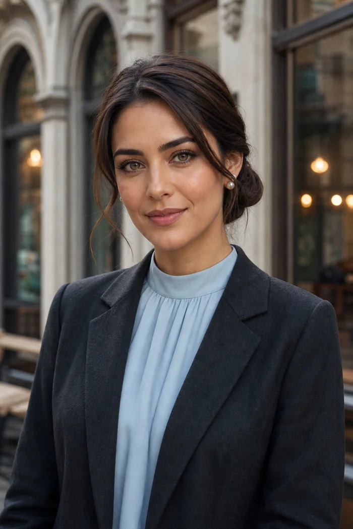 Portrait généré par IA d'une femme au chignon bas, blazer noir et col bleu clair devant une façade austro-hongroise, ne représente pas une personne réelle