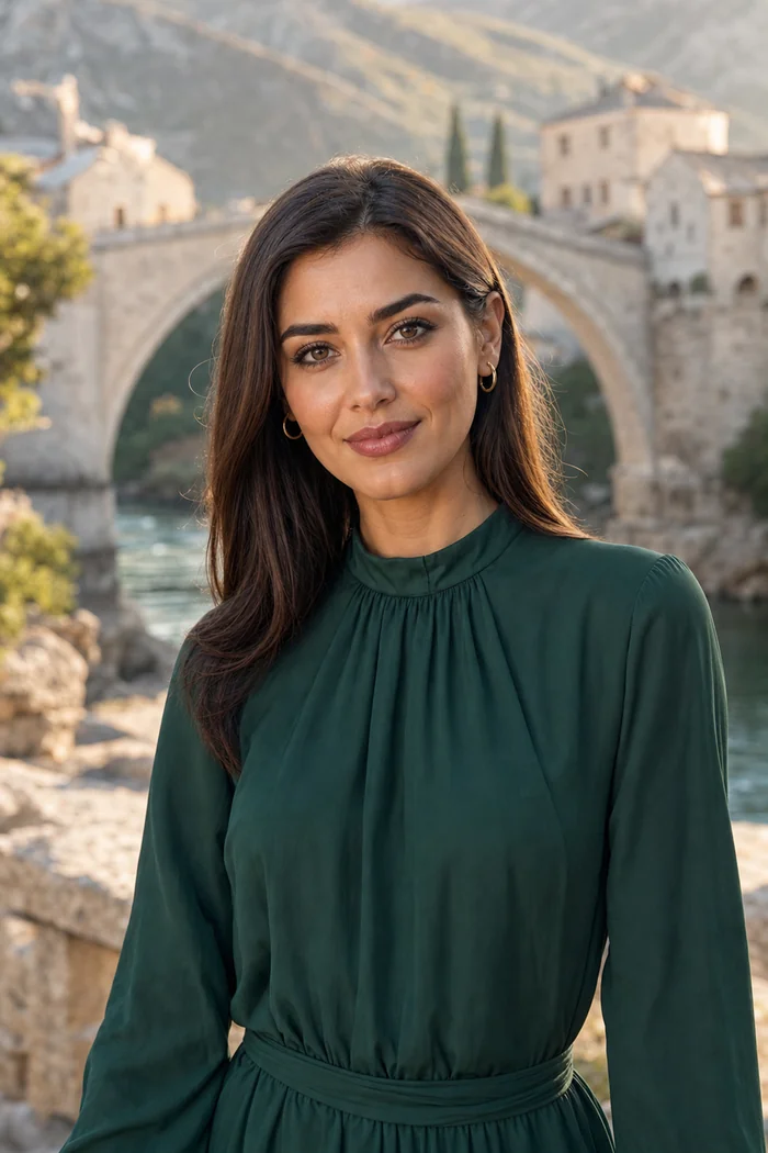 Portrait généré par IA d'une femme aux cheveux bruns et robe verte devant un décor inspiré du pont de Mostar, ne représente pas une personne réelle