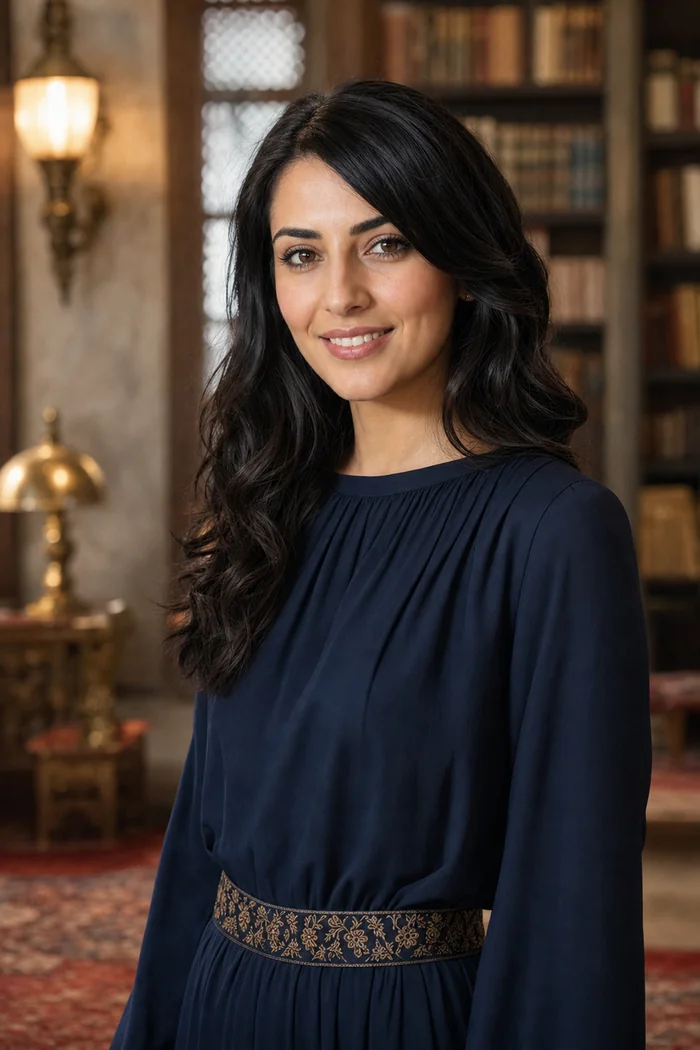 Portrait généré par IA d'une femme aux cheveux noirs ondulés et robe bleu marine dans une salle culturelle aux lampes dorées, ne représente pas une personne réelle