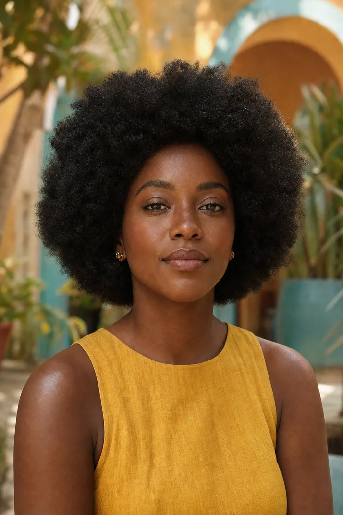 Portrait IA d'une femme fictive à afro naturel, robe jaune moutarde et cour tropicale ocre
