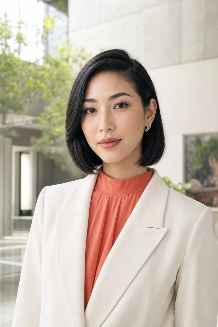 Portrait IA d'une femme fictive au carré noir, blazer ivoire et blouse corail dans une galerie claire