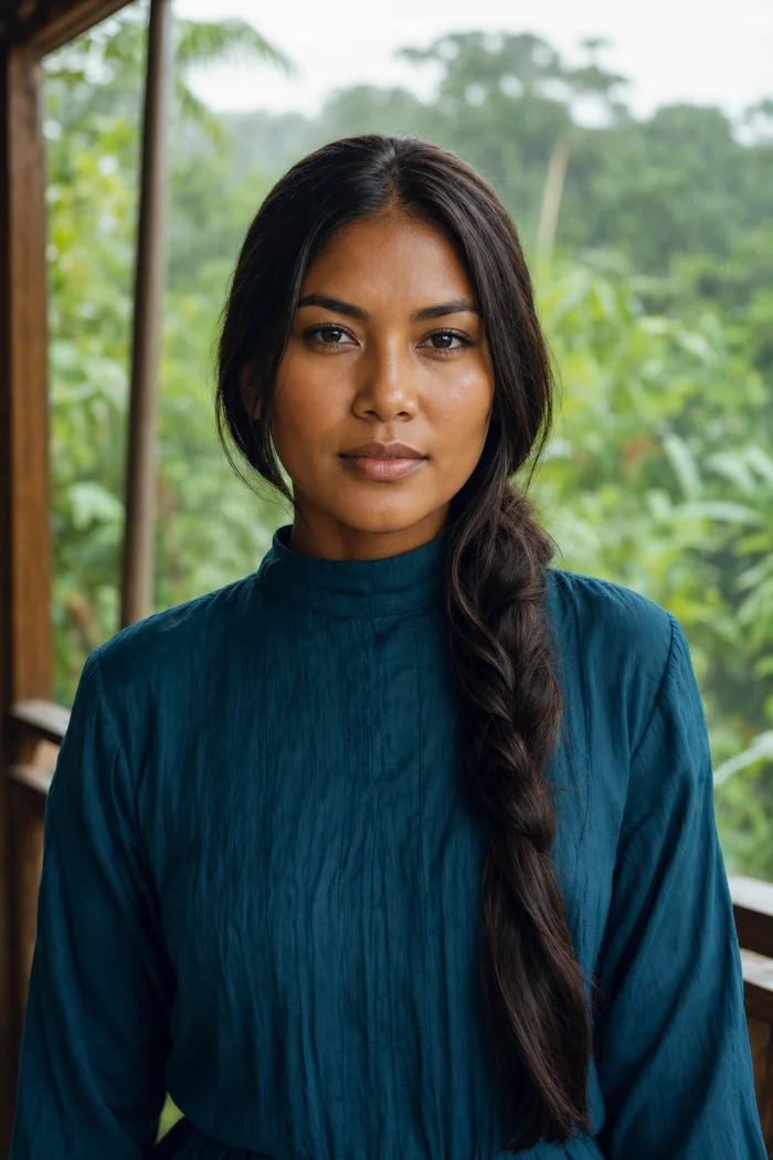 Portrait IA d'une femme fictive à longue tresse brune, robe bleu canard et forêt humide en arrière-plan